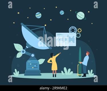 Cartoon tiny people receive or transmit signal of radio waves by parabolic antenna, woman and man work with equipment and charts. Satellite dish, transmitter communication station vector illustration Stock Vector