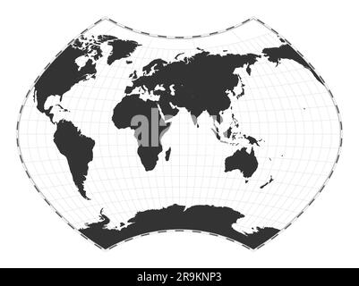 Vector world map. Ginzburg IX projection. Plain world geographical map with latitude and longitude lines. Centered to 60deg W longitude. Vector illust Stock Vector