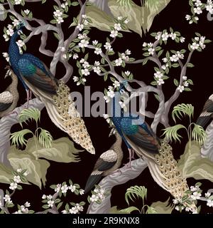 Chinoiserie seamless pattern with peacocks and flowers trees. Vector. Stock Vector