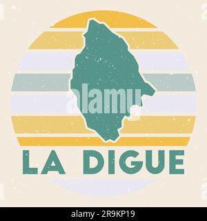 La Digue logo. Sign with the map of island and colored stripes, vector illustration. Can be used as insignia, logotype, label, sticker or badge of the Stock Vector