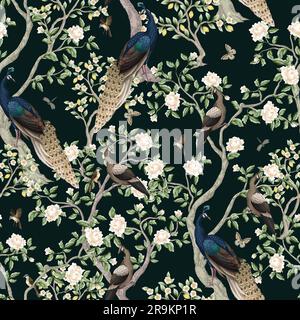 Chinoiserie seamless pattern with peacocks and flowers trees. Vector. Stock Vector