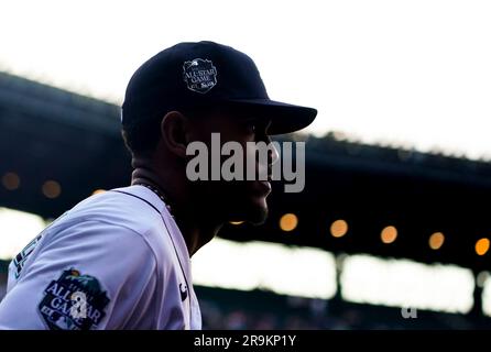 DETROIT, MI - MAY 13: Seattle Mariners center fielder Julio Rodriguez (44)  bats during an MLB game against the Detroit Tigers on May 13, 2023 at  Comerica Park in Detroit, Michigan. (Photo