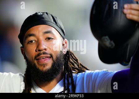 Seattle Mariners' J.P. Crawford (3) is greeted by Ty France after Crawford  scored in the eighth inning of the team's baseball game against the Los  Angeles Angels, Friday, April 30, 2021, in