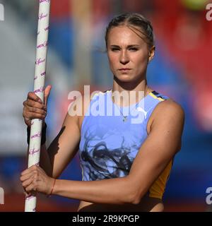 Ostrava, Czech Republic. 27th June, 2023. Athlete Amalie Svabikova from Czech Republic competes in pole vault women during the 63rd Golden Spike Ostrava annual athletics event, part of the IAAF World Challenge Meetings, in Ostrava, Czech Republic, on June 27, 2023. Stock Photo