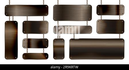 Metal banners hanging on a chain. Realistic shiny steel plate with screws. Polished rusty metal surface. Vector illustration Stock Vector