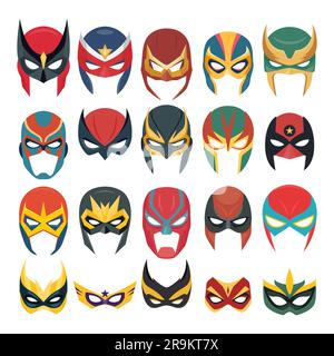 Vector Super Hero Masks Set in Flat Style. Face Character, Superhero Comic Book Mask Collection. Superhero Photo Props, Women and Men Masks, Carnival Stock Vector