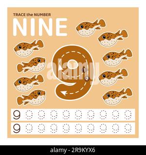 Trace number nine. Learning to count and write. Stock Vector