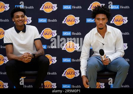 Los Angeles Lakers draft pick Maxwell Lewis speaks during the NBA  basketball team's news conference in El Segundo, Calif., Tuesday, June 27,  2023. (AP Photo/Damian Dovarganes Stock Photo - Alamy