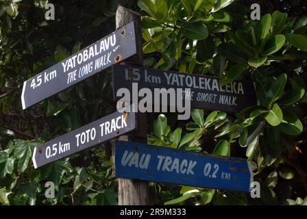 Walking track signs, SIgatoka Sand Dunes National Park, Fiji. Stock Photo