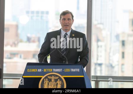 New York, United States. 27th June, 2023. NEW YORK, NEW YORK - JUNE 27: U.S. Representative Dan Goldman speaks during Governor Hochul's announcement on first-in-nation congestion pricing moving forward on June 27, 2023 in New York City. Credit: Ron Adar/Alamy Live News Stock Photo