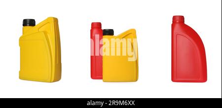 Motor Oil Container Color Colorful containers with different motor oil on white background ...