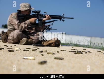 Recruits with Golf Company, 2nd Recruit Training Battalion, conduct the Table 1 course of fire on Marine Corps Recruit Depot Parris Island, June 27, 2023. Table 1 covers the basic fundamentals of marksmanship and rifle safety from the 200, 300 and 500 yard line from all shooting positions: sitting, kneeling, prone and standing. (U.S. Marine Corps photo by Lance Cpl. Noelia Vazquez) Stock Photo