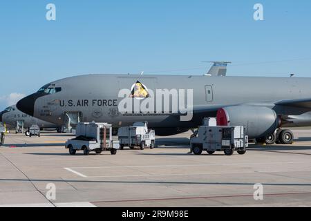 A KC-135 Stratotanker aircraft sits parked on the flight line at MacDill Air Force Base, Florida prior to take off for Operation Centennial Contact, June 27, 2023. During the operation, more than 150 aircraft flew above communities around the country and across the world to honor 100 years of air refueling excellence. With 100 years of experience, the USAF's air refueling capabilities deliver unrivaled rapid global reach and meaningful maneuver for the Joint Force and our Allies and partners. Aerial refueling serves as a force multiplier, increasing the speed, range, lethality, flexibility and Stock Photo