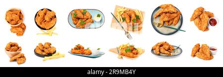Collage of tasty nuggets on white background Stock Photo
