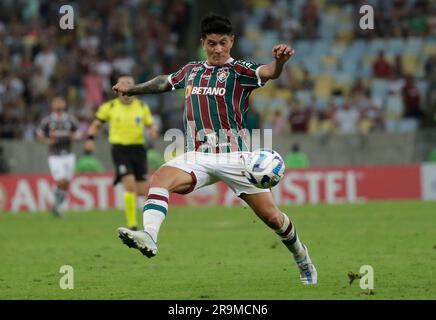 Andre of Brazil's Fluminense heads the ball during a Copa Libertadores  Group D soccer match against Peru's Sporting Cristal at Maracana stadium in  Rio de Janeiro, Brazil, Tuesday, June 27, 2023. (AP