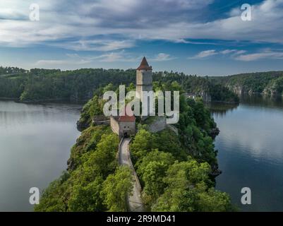 Aerial view of early Gothic Zvikov castle on difficult-to-access and steep promontory above the confluence of the Vltava and Otava rivers in Bohemia Stock Photo