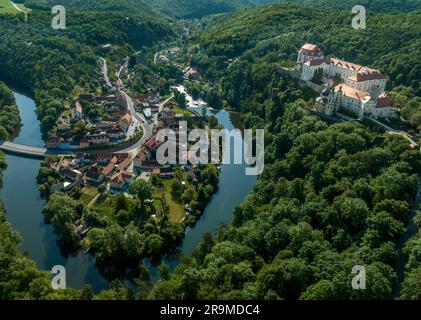 Aerial panorama view of the Thaya river curving at Vranov nad Dyji with old Gothic castle structure turned into a representative Baroque residence wit Stock Photo