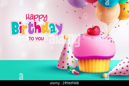 Birthday cake vector background design. Happy birthday greeting text in empty space with colorful cupcake and bunch of balloons. Vector illustration Stock Vector