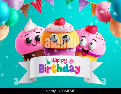 Birthday cupcake character vector design. Happy birthday text in ribbon space with cupcake, balloons and pennants colorful elements. Vector Stock Vector