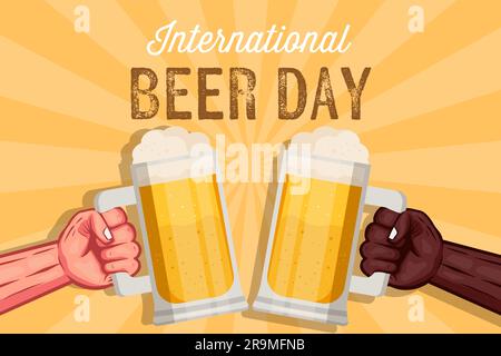 international beer day background illustration with two hands holding big glasses of beer Stock Vector