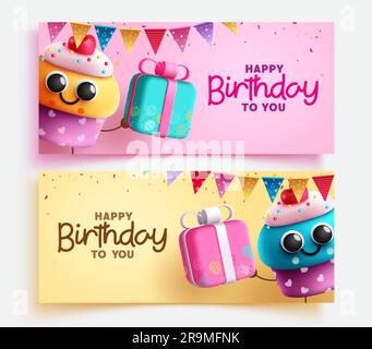 Happy birthday text vector set banner design. Birthday invitation card with colorful cup cake, gift box and pennants decoration. Vector illustration Stock Vector