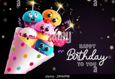 Birthday cupcake bouquet vector design. Happy birthday greeting text with cupcake characters and emoji in party hat elements. Vector illustration Stock Vector