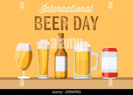international beer day background illustration with bottle, can, and glasses of beer Stock Vector