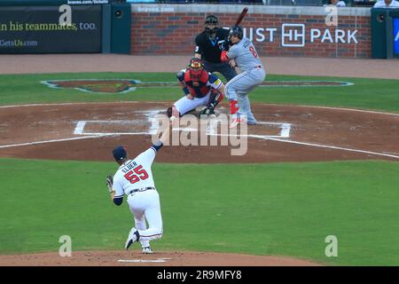 Chadwick Tromp and Bryce Elder of the Atlanta Braves talk during a