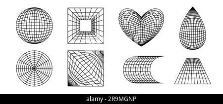 Wireframe forms set. Geometric surface grid of different shape. Distorted perspective planes and objects pack. Vector cube, sphere, heart, drop element bundle for posters, flyers, collages, templates  Stock Vector