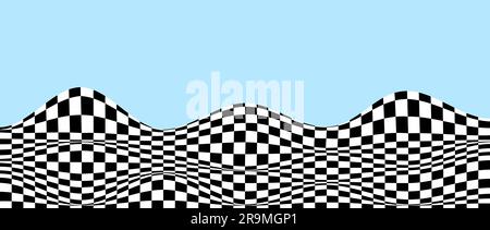 Wavy checkered pattern on blue background. black and white curved warped chessboard floor. Trippy undulate squares texture surface. Landscape terrain concept. Vector optical illusion wallpaper. Stock Vector