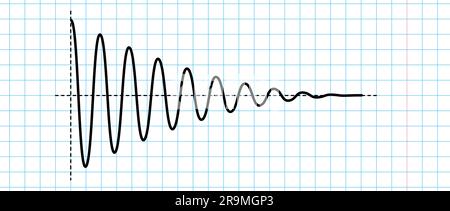 Sinusoid fading signal on blue grid paper. Black curve sound wave on checkered paper. Voice or music audio concept. Pulse line in school notebook. Fading out electronic radio graphic. Vector Stock Vector