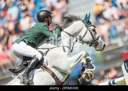 Daniel Coyle of Team Ireland competes in the FEI Nations Cup on June 6, 2023 in Langley, B.C., Canada. Stock Photo