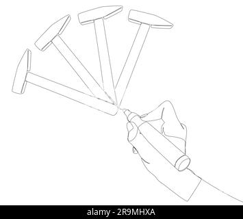 One continuous line of Hammer drawn by with felt tip pen. Thin Line Illustration vector Construction Industry concept. Contour Drawing Creative ideas. Stock Vector