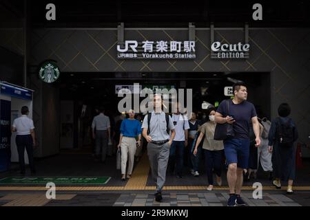 Tokyo, Japan. 27th June, 2023. Subway passengers exit Yurakucho station in central Tokyo. (Photo by Stanislav Kogiku/SOPA Images/Sipa USA) Credit: Sipa USA/Alamy Live News Stock Photo