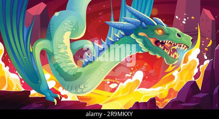 Game fantasy flying dragon with fire breathing vector landscape illustration. Beautiful monster character in castle with flame and landing on claws. Scary mythical beast drawing in medieval dungeon Stock Vector