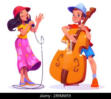 Street musician band with singer vector illustration. Music player people character with contrabass and microphone cartoon isolated set. Artist play for party and hobby Stock Vector