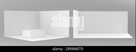 3d booth stand for trade show. Blank room mockup with white walls, floor and table in front and corner view. Empty presentation stall for exhibition, vector realistic set Stock Vector