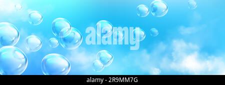 Realistic soap bubbles flying high in blue sky with fluffy white clouds. Vector illustration of transparent balls floating in air, laundry foam balls with glossy surface. Symbol of freedom, happiness Stock Vector