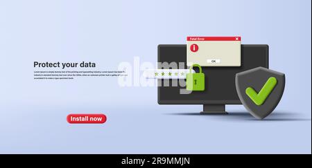 3D Vector Conceptual Illustration data protection with pc computer and password with lock and shield, digital security illustration Stock Vector