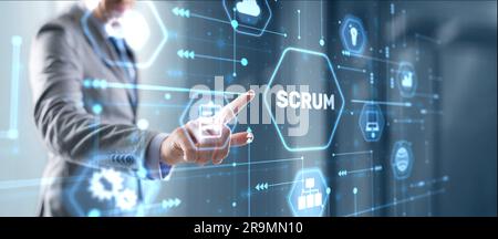 Businessman presses a button Scrum process software development outline concept. Stock Photo