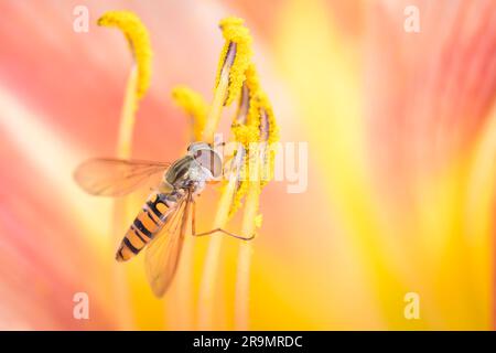 Marmalade hoverfly - Episyrphus balteatus on a yellow blossom of a Day Lily - Hemerocallis Stock Photo