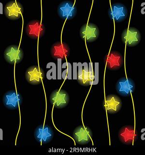 Vertical garlands of light bulbs in the form of stars in a black background seamless Stock Vector
