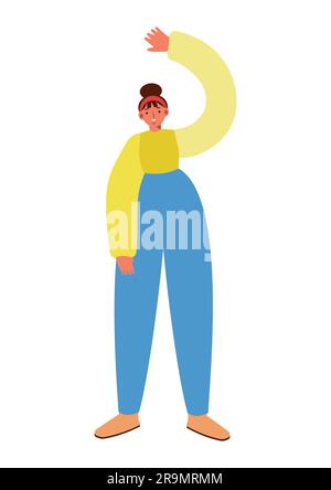 Woman greets by waving her hand, standing pose. Female is wearing pants and long-sleeve jacket. Distorted proportions style, isolated vector illustrat Stock Vector