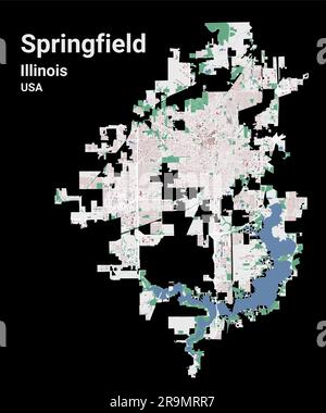 Springfield map, capital city of the USA state of Illinois. Municipal administrative area map with buildings, rivers and roads, parks and railways. Ve Stock Vector