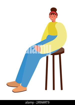Woman sitting on a high stool. Calm, comfort pose, female wearing pants and long-sleeve jacket. Distorted proportions isolated vector illustration. Stock Vector