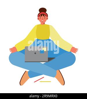 A woman sits cross-legged with a laptop, smiling face. Female is wearing pants and long-sleeve jacket. Distorted proportions style, isolated vector il Stock Vector