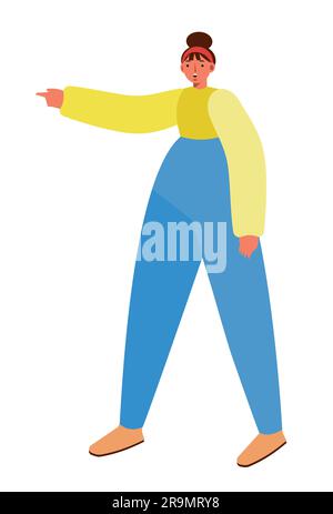 Woman is pointing at something with her hand. Standing pose, female wearing pants and long-sleeve jacket. Distorted proportions isolated vector illust Stock Vector