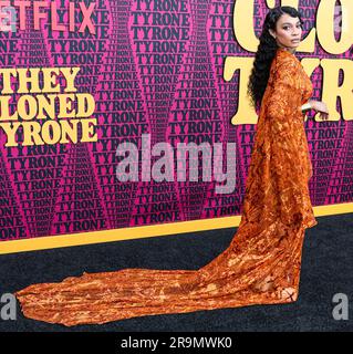 Hollywood, United States. 27th June, 2023. HOLLYWOOD, LOS ANGELES, CALIFORNIA, USA - JUNE 27: Megan Sousa arrives at the Los Angeles Premiere Of Netflix's 'They Cloned Tyrone' held at the Hollywood American Legion Post 43 at Hollywood Legion Theater on June 27, 2023 in Hollywood, Los Angeles, California, United States. (Photo by Xavier Collin/Image Press Agency) Credit: Image Press Agency/Alamy Live News Stock Photo