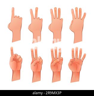 Hand numbers up to five. View outside and inside. Gestures are different. Fun cartoon style. Isolated on white background. Vector Stock Vector