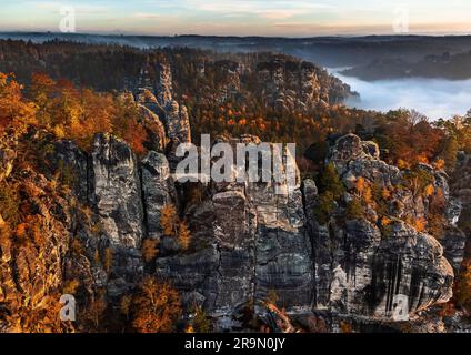 Saxon, Germany - Aerial view of the Bastei Bridge on a foggy autumn morning with colorful autumn foliage and heavy fog under the rock. Bastei is a roc Stock Photo